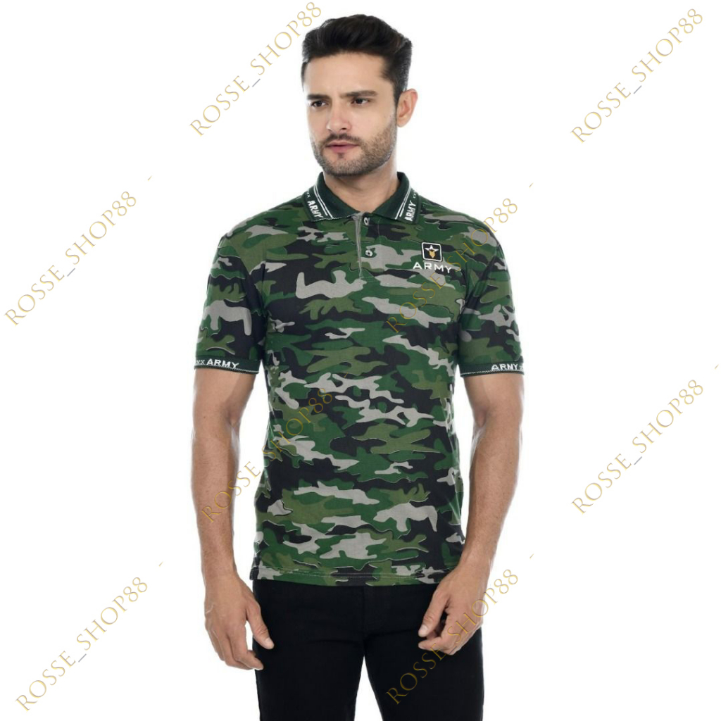 Kaos Kerah / Kaos Polo Pria Motif Army Loreng Hijau