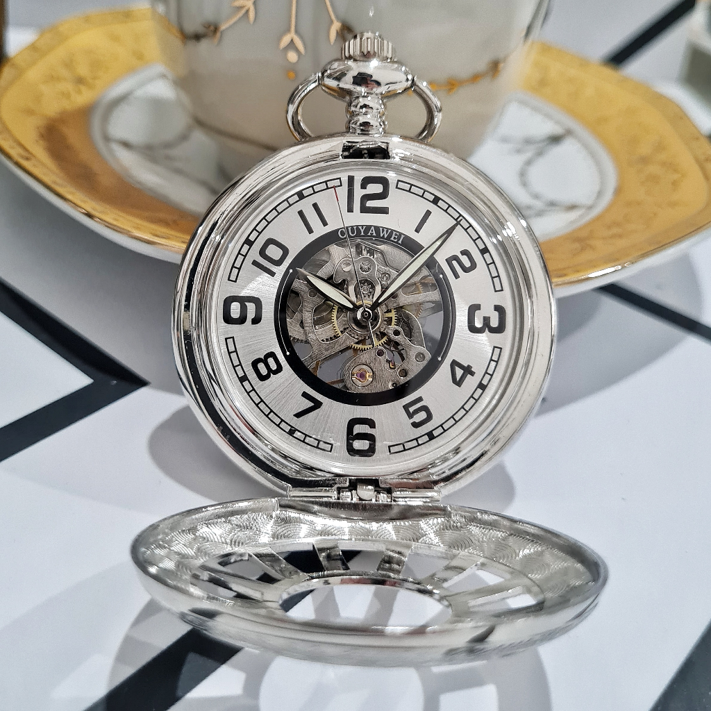 POCKET WATCH Oscar Putih White Jam Kantong Saku Automatic Otomatis Mechanical Mekanik Half Hunter Sk