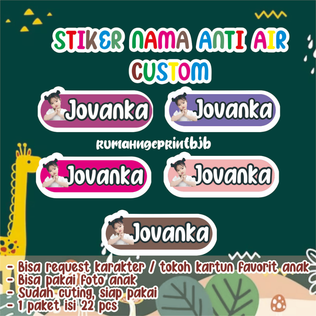 

22 pcs STIKER WATERPROOF CUSTOM FOTO ANAK LABEL NAMA ANAK