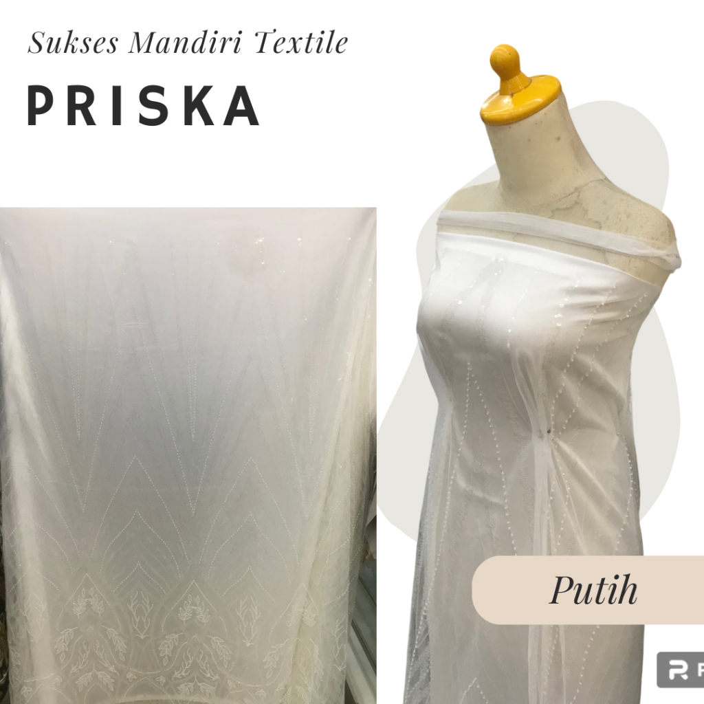 [PRISKA] Brokat Brukat Tile Payet Premium Mewah Warna Putih White | Harga ½ meter = 50 cm (Bahan Dre