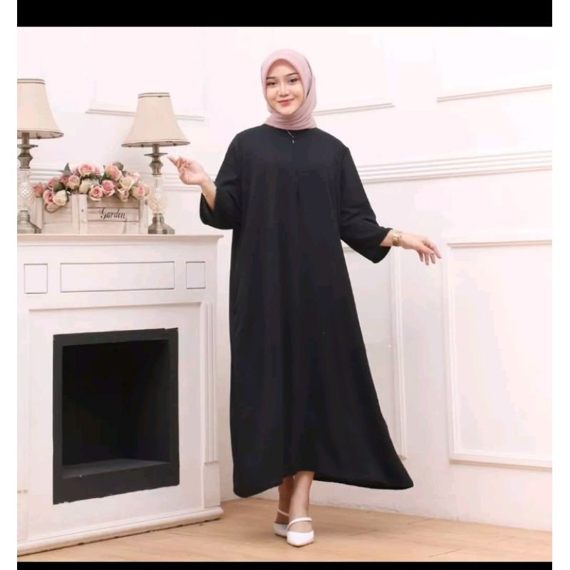Daster gamis crinkle polos kekinian panjang lengan 3/4 panjang