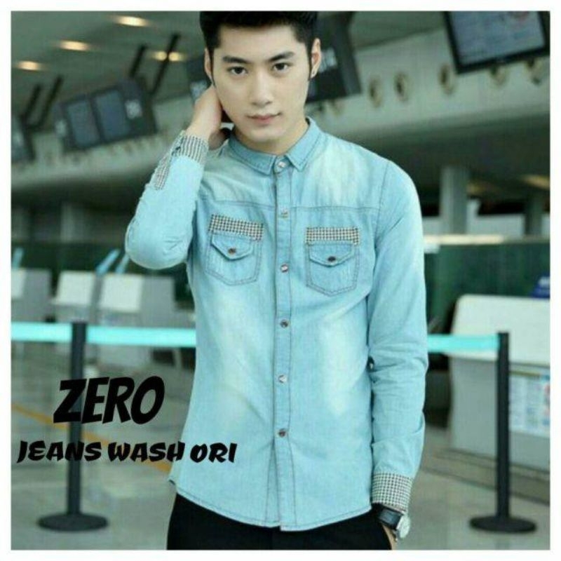 KEMEJA PRIA LENGAN PANJANG DENIM BIRU MUDA LIGHT BLUE JEANS DILAN RETRO CASUAL VINTAGE KERAH PREMIUM