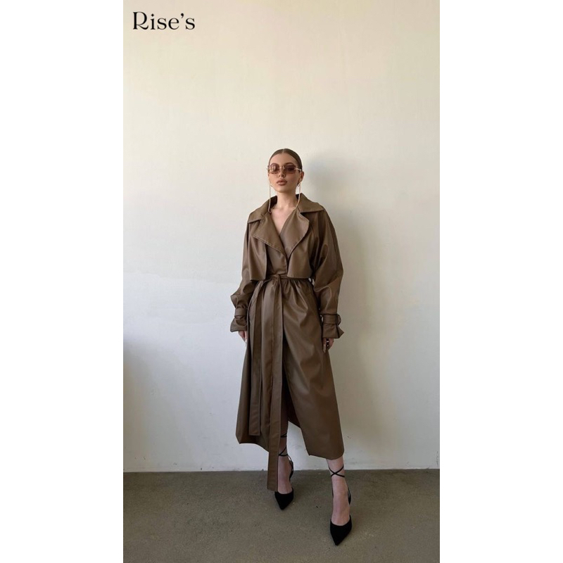 Mantel Kulit Musim Dingin Wanita Baru Panjang Pu Trench Windbreaker dengan Sabuk Longgar Ukuran Besa