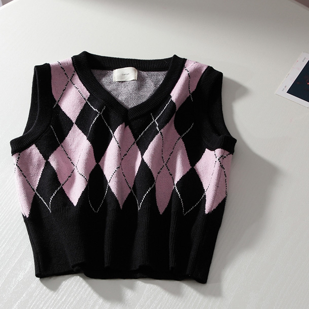 Po floret Rompi Rajut V-Neck Belah Ketupat Kontras Retro sweater rompi crop top ramping