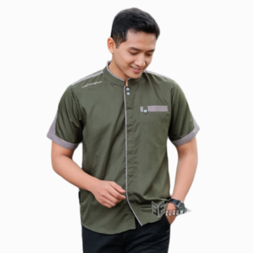 Baju Koko Pria Lengan Pendek - Kemeja Koko Elrumi Motif Yisunsin Warna Hijau Army