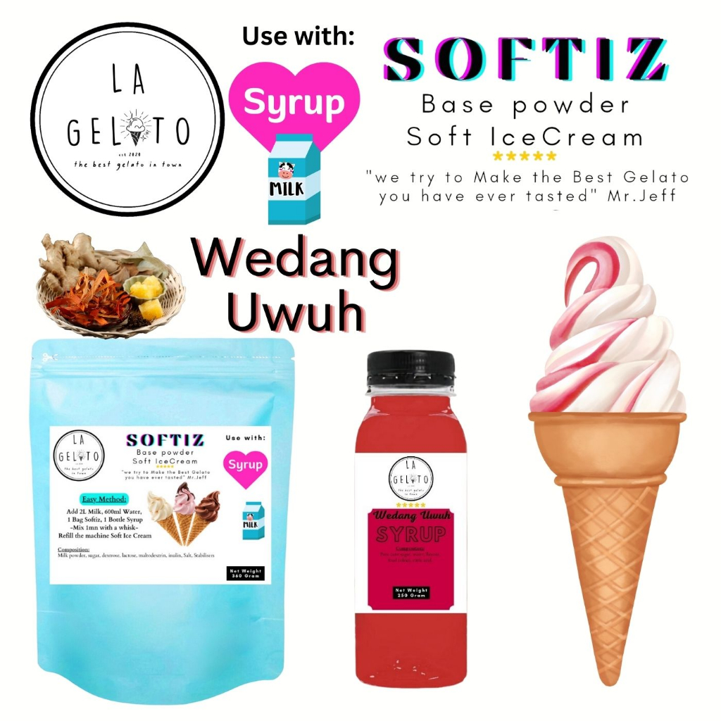 

Paket Softiz bubuk soft ice cream dan sirup rasa Wedang Uwuh untuk 3kg | Powder Ice Cream Fruity Buah Murah Mudah Cool Dingin Tahan Lama Coklat Vanila Thai Tea Capuccino Es Doger Taro Mangga Leci Anggur Strawberry