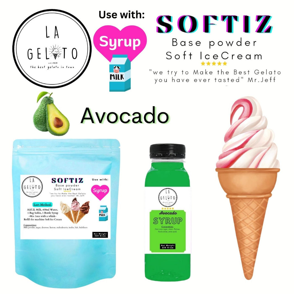 

Paket Softiz bubuk soft ice cream dan sirup rasa Avocado Alpukat untuk 3kg | Powder Ice Cream Fruity Buah Murah Mudah Dibuat Praktis Cool Dingin Tahan Lama Coklat Vanila Thai Tea Capuccino Es Doger Taro Leci Anggur Strawberry