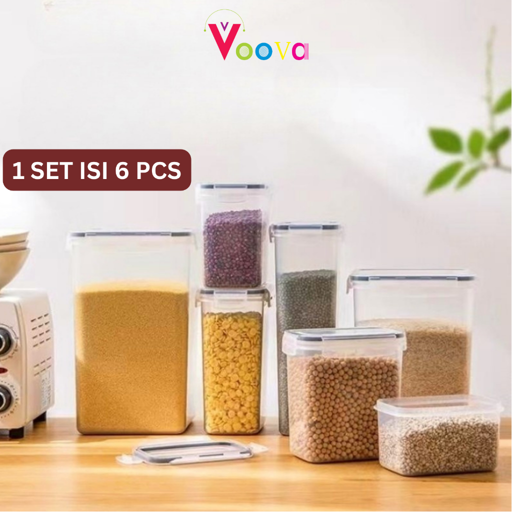 VOOVA Toples Transparan Makanan 1 Set isi 6 Pcs / Kotak Penyimpanan Kedap Udara Tebal / Toples Makan