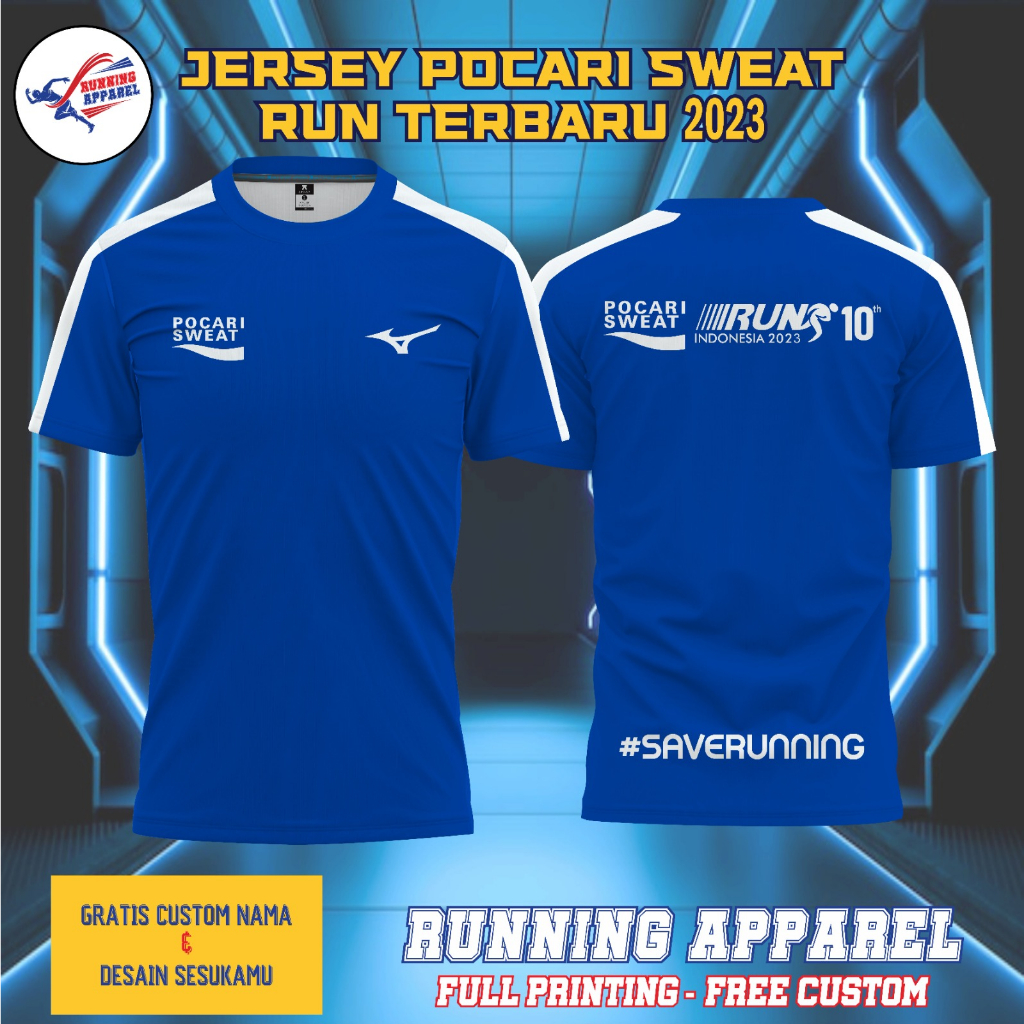 Jersey RUNNING POCARI SWEAT RUN x MIZUNO 2023, Berbahan DRYFIT Full Printing & Custom Desain
