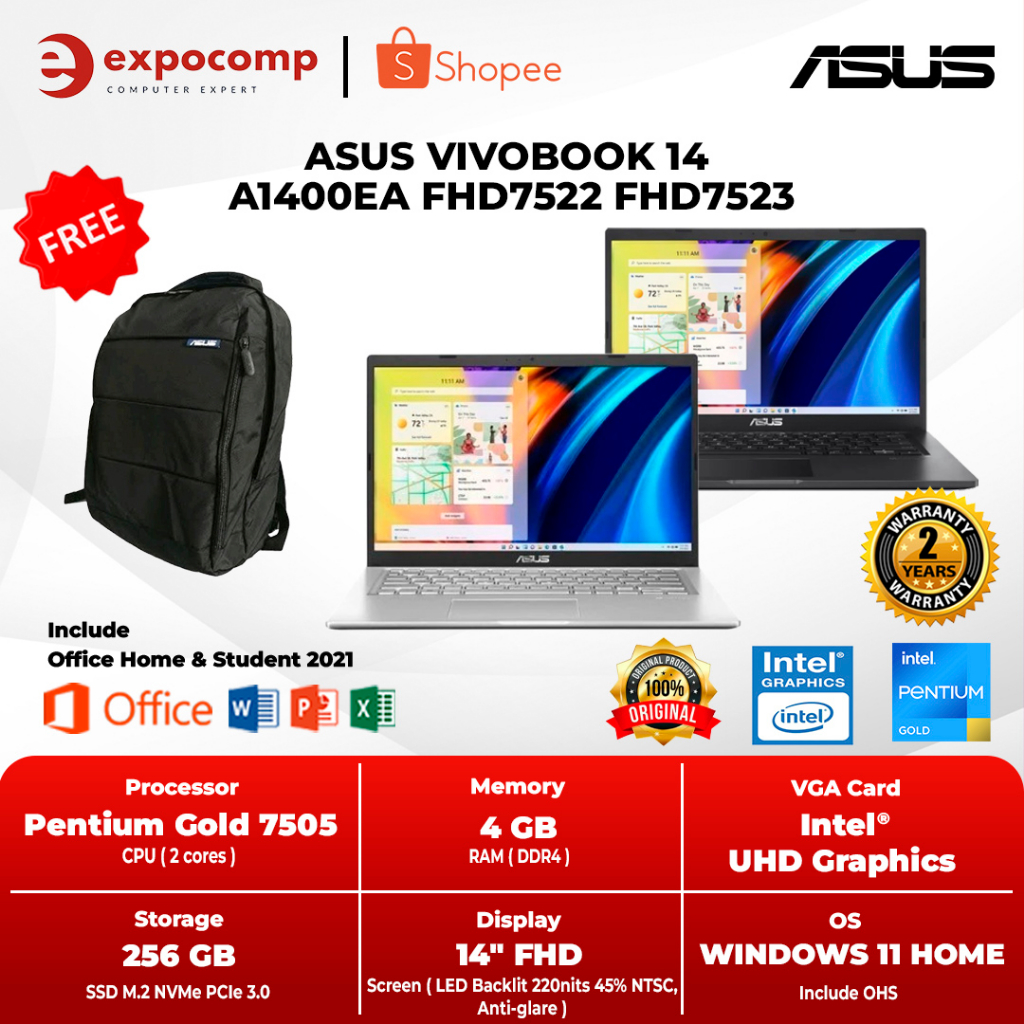 ASUS VIVOBOOK 14 A1400EA FHD7522 FHD7523 PENTIUM GOLD 7505 4GB 256GB W11+OHS