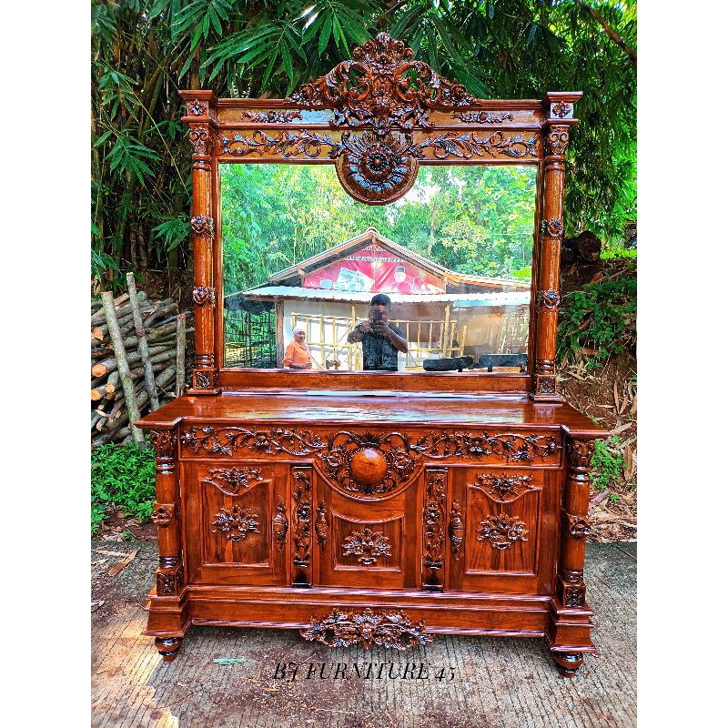 BUFET BULAN KABINET BULAN KAYU JATI | SET FIGUFA KACA CERMIN BULAN FURNITURE JATI | BUFET BULAN FIGU
