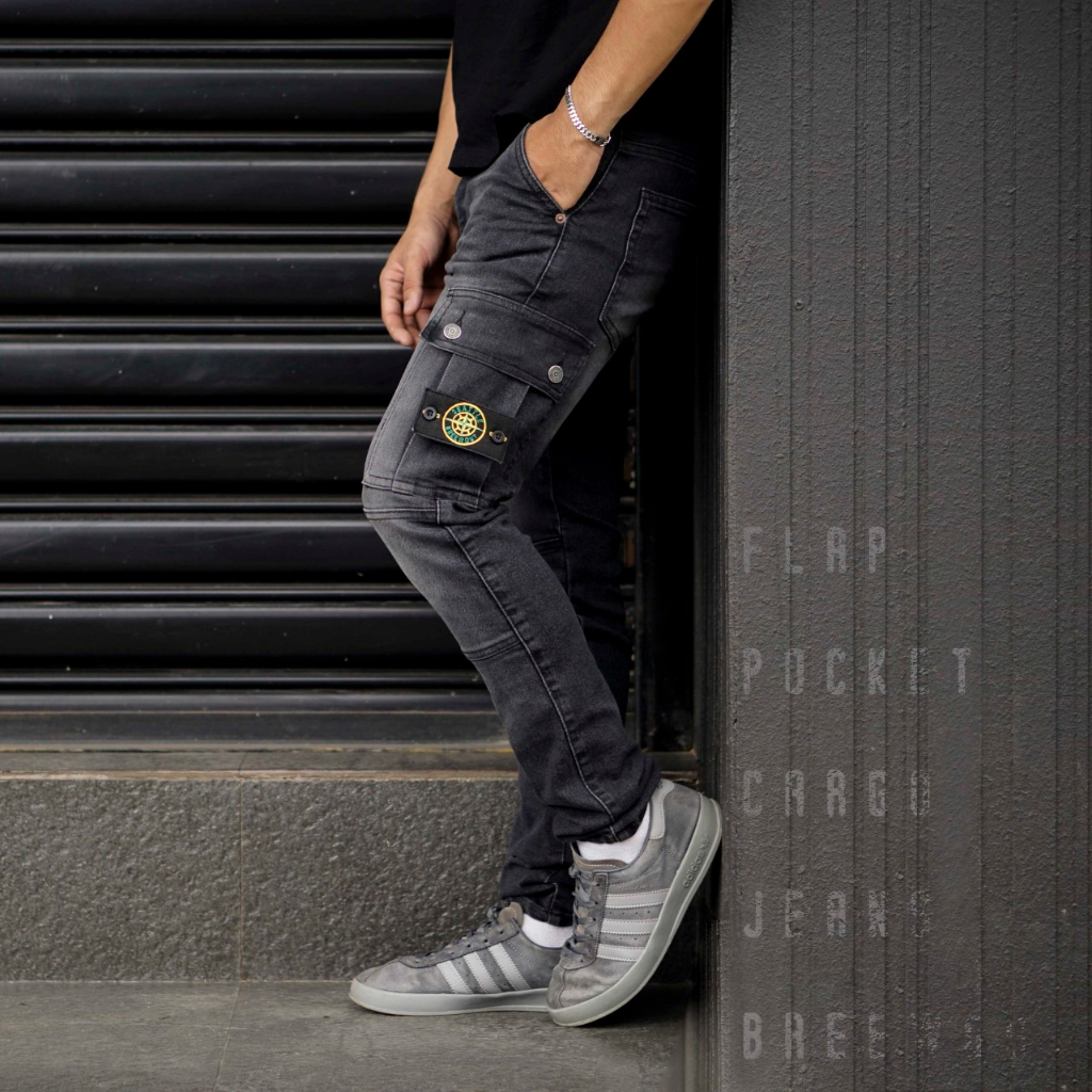 NEW EDITION FLAP POCKET CARGO JEANS STONE DENIM ORIGINAL CELANA CARGO STRETCH STITCHING LONG PANTS C