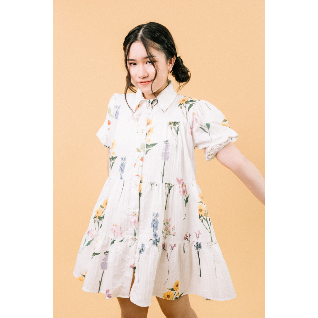 Midi Dress Flower Crinkle Airflow Premium / Dress Motif Bunga Lengan Balon Korean Look Flowy Nagita Slavina Style