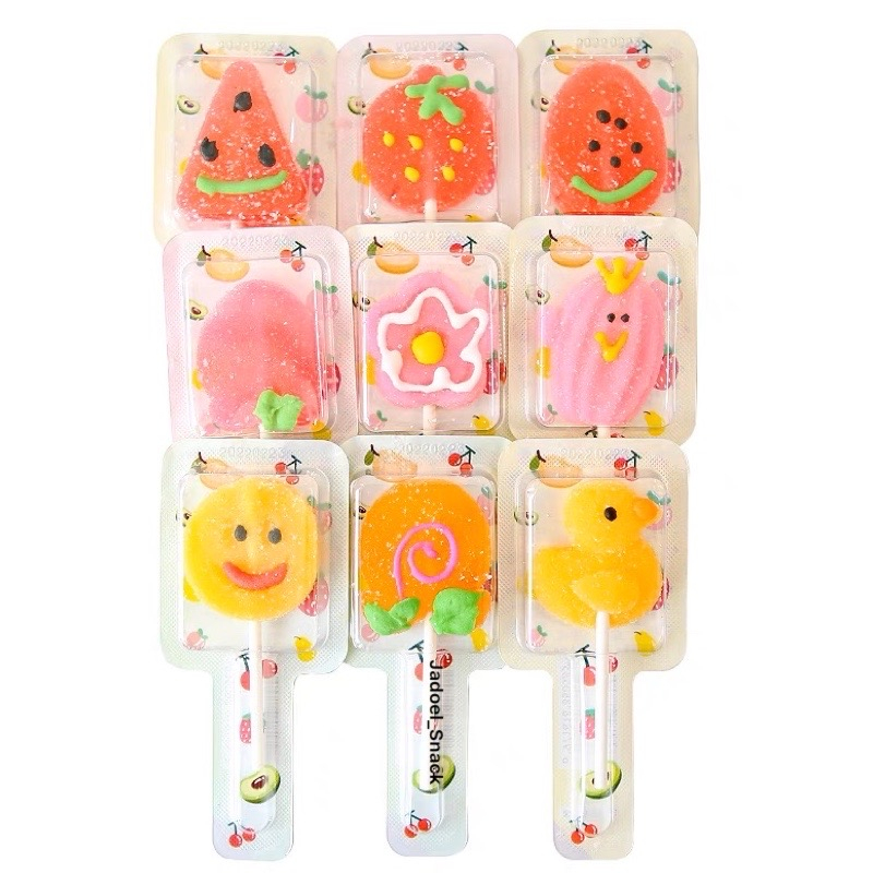 

XMASTER GROSIR - PERMEN GUMMY LOLIPOP LUNAK 30 X 10 GR RASA BUAH BY JADOEL_SNACK