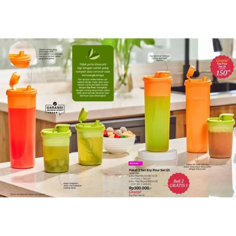 BUY 4 GET 2 FREE  Tupperware EZY POUR Set (6 Pcs) / Compact Cooking Oil Wadah Sirup Kecap Bumbu Cair