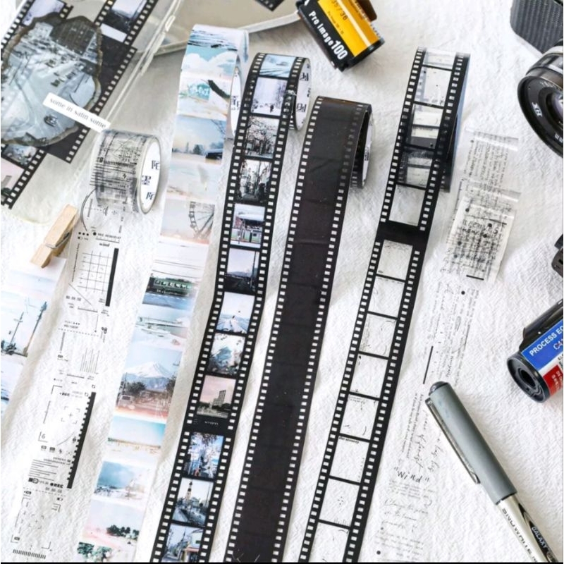 

washi edisi film kaset bahan PET for journaling kolase black white