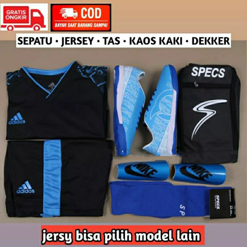 SATU PAKET PERALATAN FUTSAL BAJU TAS SEPATU BOLA