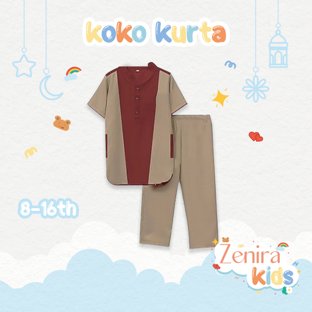 Zenira Official | Baju Muslim Setelan Koko Anak Usia 8 - 16 Tahun-Light Mocca - Maroon