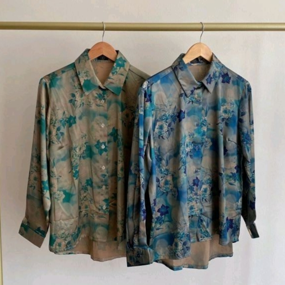 TLV COLLECTION - Atasan Kemeja Flower Wanita Motif Bunga Satin Silk Premium