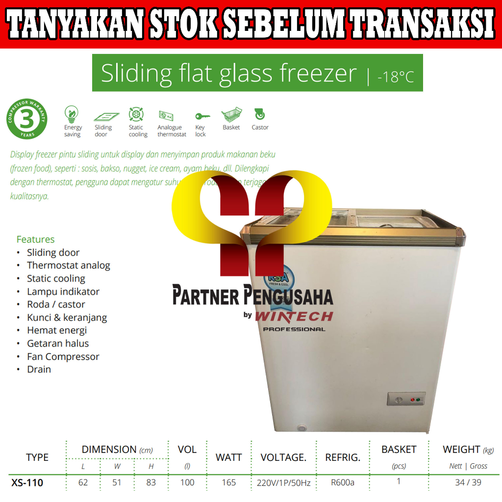 RSA TYPE XS-110 SLIDING FLAT GLASS FREEZER/FREEZER BOX PINTU KACA