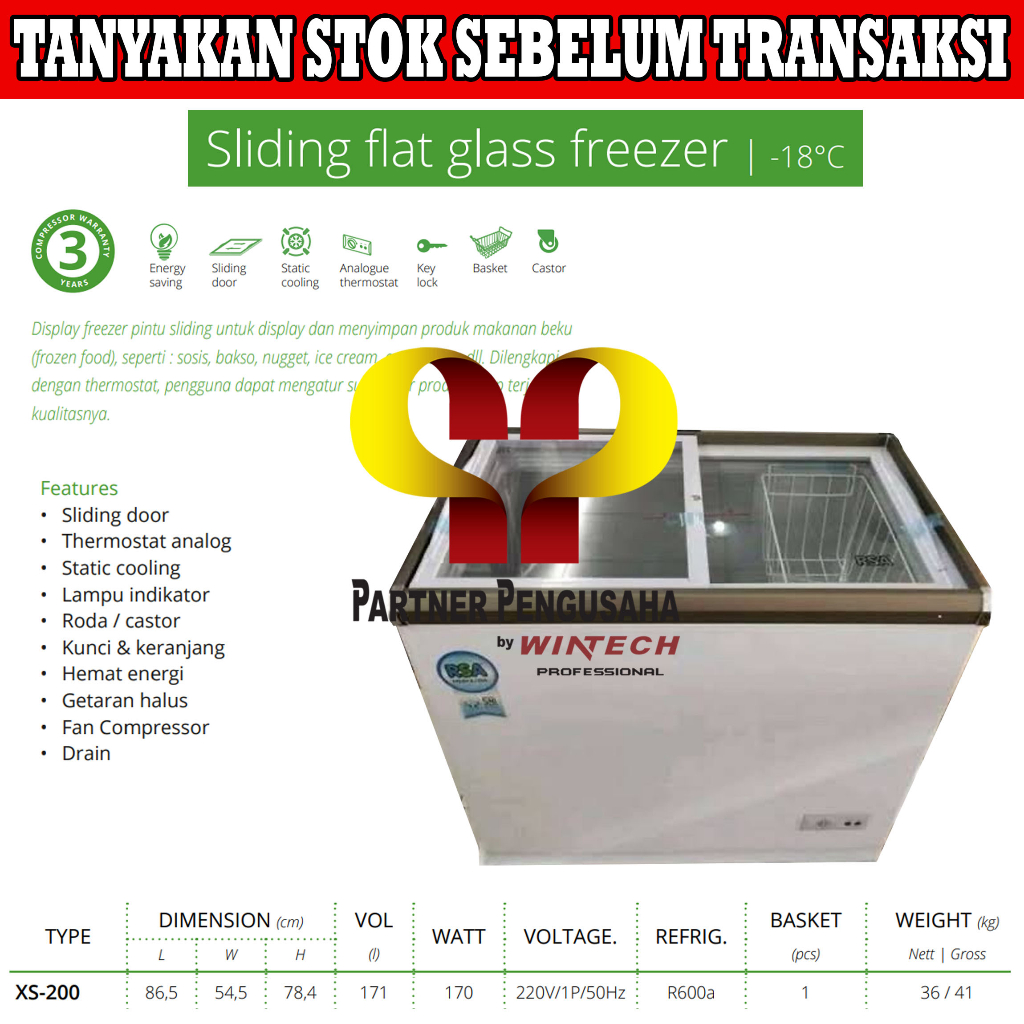 RSA XS-200 Kulkas Pemajang Es Krim Sliding Flat Glass Freezer Box