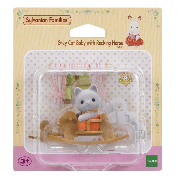 Mainan Koleksi Sylvanian Families Grey Cat Baby With Rocking Horse
