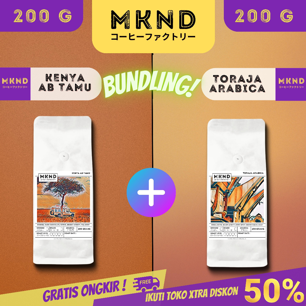 

MKND® BUNDLING HEMAT 2X200 KOPI ARABIKA KENYA AB TAMU SPECIALTY IMPORTED COFFEE BEANS + TORAJA SAPAN GRADE 1 SINGLE ORIGIN PROMO DISCON | BIJI BUBUK | SINGLE ORIGIN | PREMIUM COFFE | ROASTED BEANS | MANUAL BREW | COFFE ROASTERY