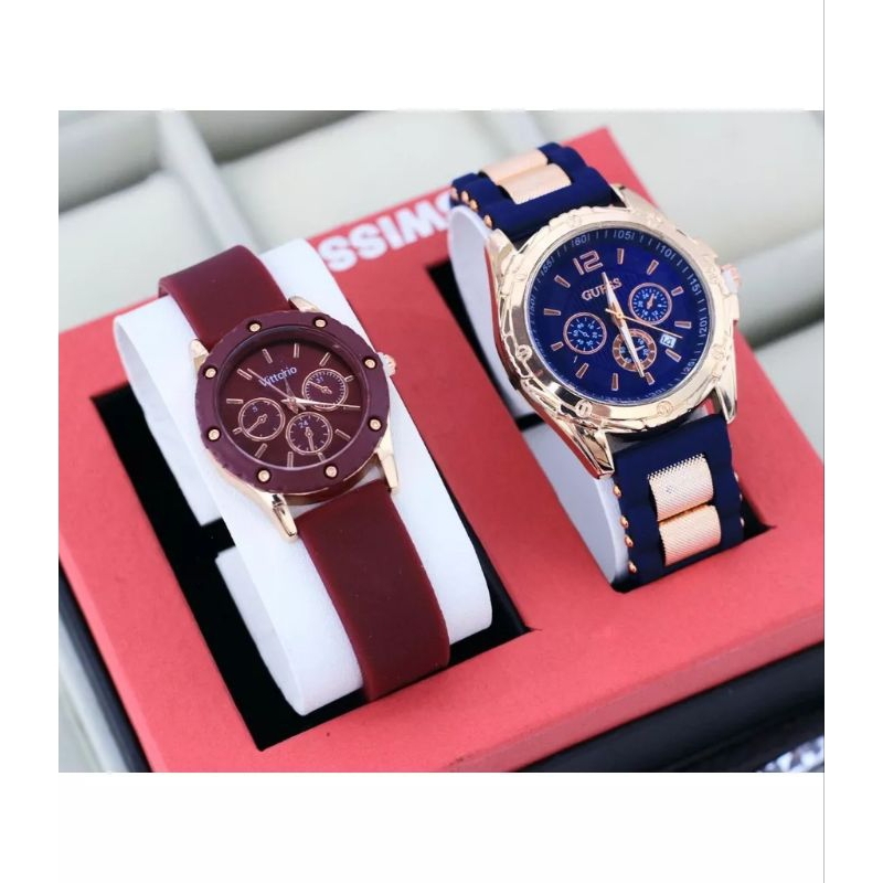 (Cod)Jam Tangan Wanita Buy 1 Get 1 Gues Crono3 + Gues Ring Tanggal Aktif Strap Rubber/Karet(Dikirim 