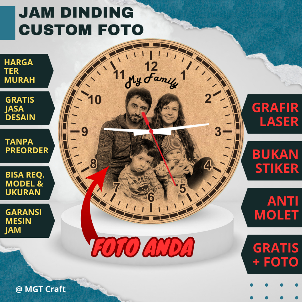 Jam Dinding Custom Kayu Vintage, Jam Klasik Wooden Laser Cut | Jam Dinding Kayu Laser Grafir