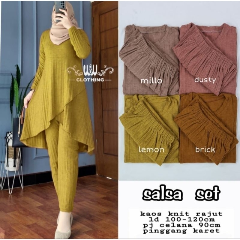 Baju Setelan Wanita One Set Salsa Set Kaos Knit Rajut Polos Jumbo