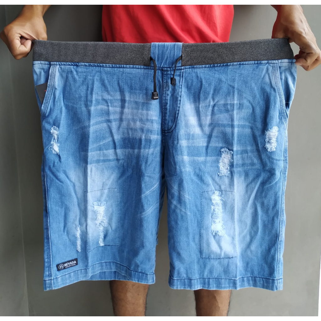 Celana Jeans Pendek Pria Pinggang Karet Model Sobek Size 28 Sampai Size 44