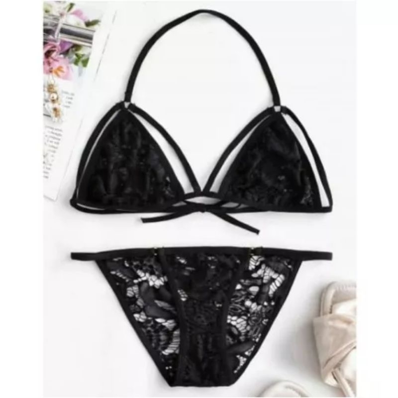 IKAYANI STORE SET LINGERIE BH CD SEXY BRA GSTRING TRANSPARAN PAKAIAN DALAM WANITA DEWASA HOT MENGGODA DINAS MALAM ISTRI DEPAN SUAMI JUMBO-Hitam