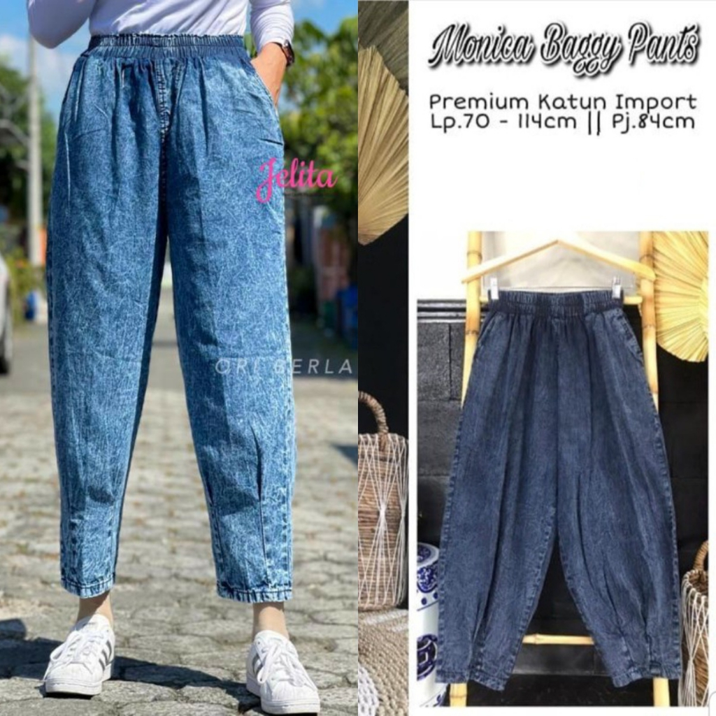 MONICA BAGGY PANTS - Celana Baggy Pants Snow / Celana BOYFRIEND JEANS JUMBO Bahan Jeans Wash