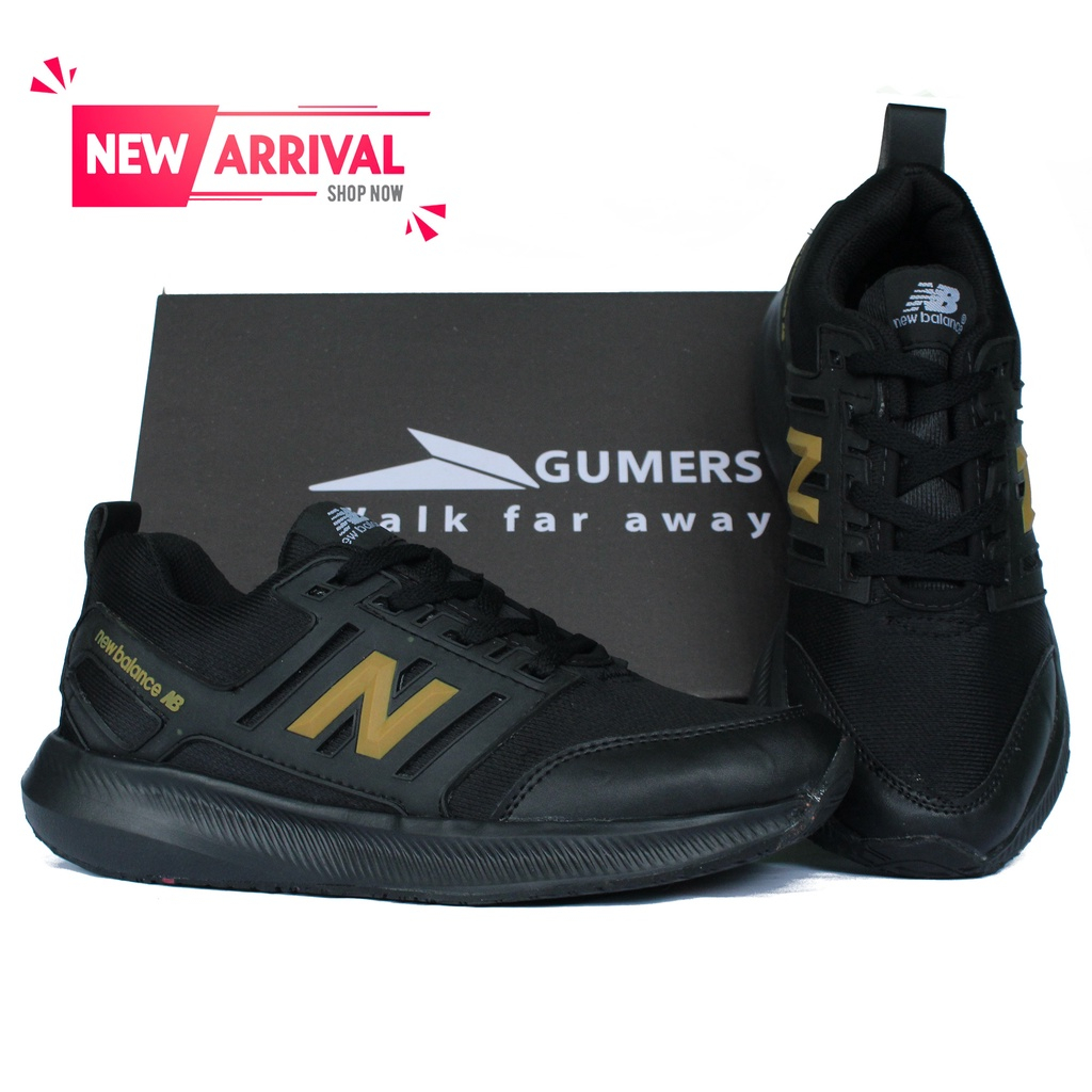 SEPATU SNEAKER HITAM NEW BALANCE BLACK GOLD, SOL KARET,EMPUK DAN LENTUR, SEPATU PRIA DAN WANITA, SEP