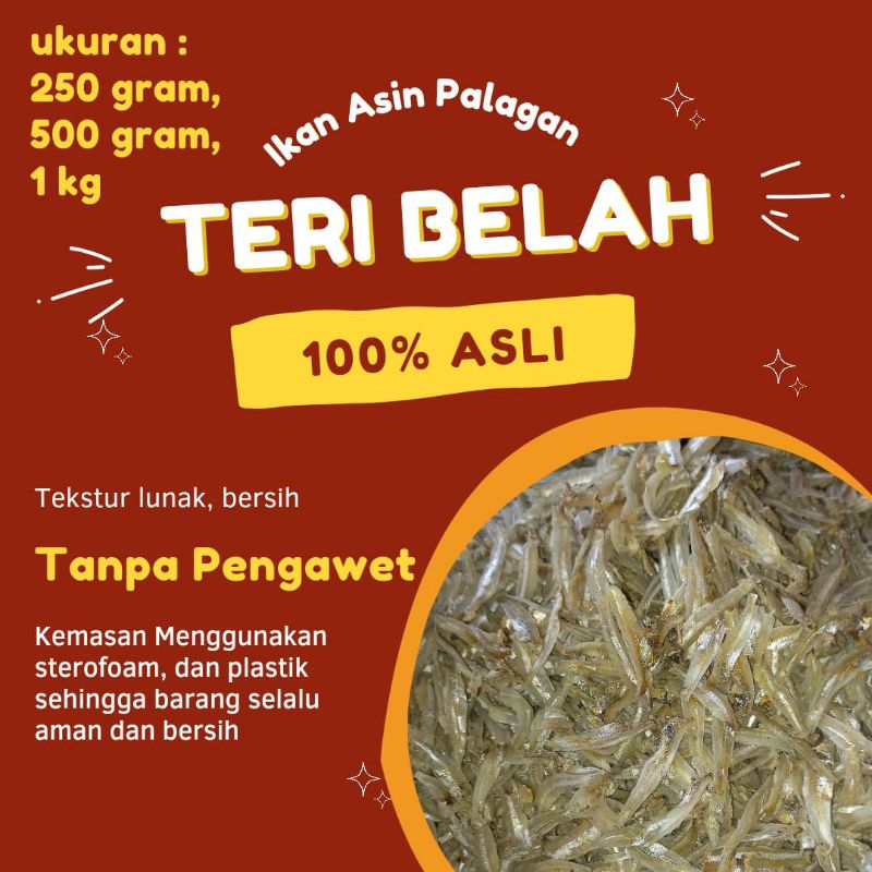 

Ikan asin teri belah kualitas terbaik dengan harga terjangkau, ukuran berat 250 gr, 500 gr, 1 kg