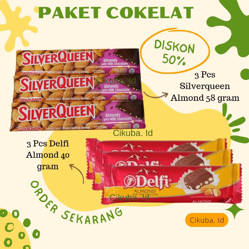 

Paket Cokelat 3 Silverqueen Almond 58 gram dan 3 pcs Almond 40gram