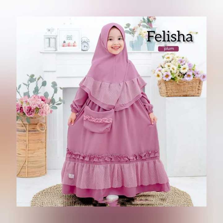 GAMIS ANAK TERBARU FELISHA KIDS SYARI BAHAN KAIN SHAKILLA MIX TILLE DOT SIZE L XL FREE HIJAB / KHIMA
