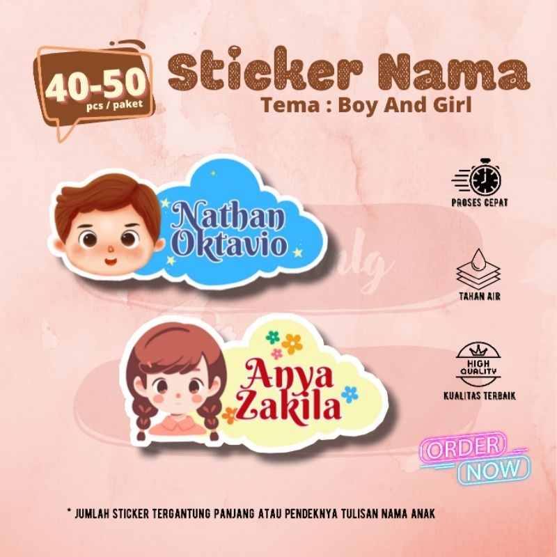 

30-50pc sticker nama anti air tema karakter boys and girl