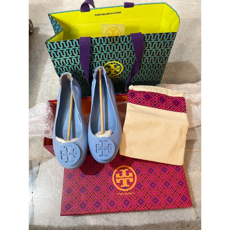 Sepatu Tory Burch Second Himalaya Blue 407, mini travel ballet with logo/soft Nappa Leather size 6