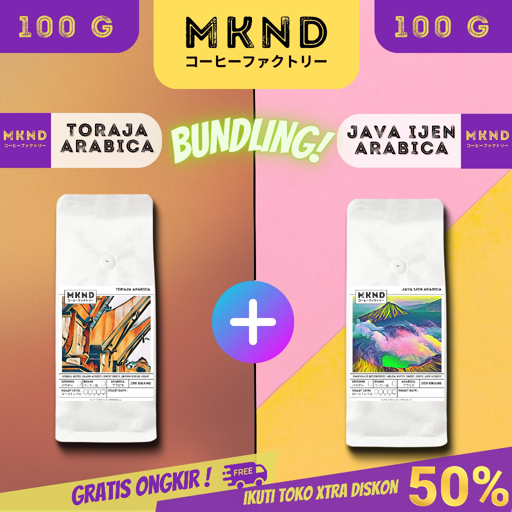 

MKND® BUNDLING HEMAT 2X100 KOPI ARABIKA JAVA IJEN NATURAL + TORAJA SAPAN GRADE 1 SINGLE PROMOS DISCON | BIJI BUBUK | SINGLE ORIGIN | PREMIUM COFFE | ROASTED BEANS | MANUAL BREW | COFFE ROASTERY