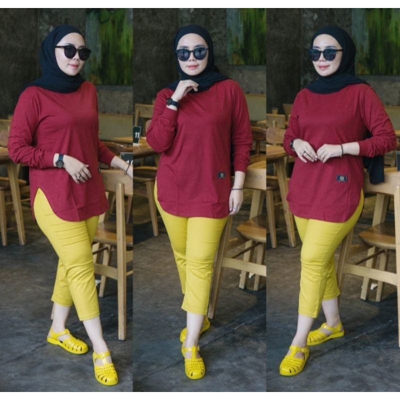 Baju Kaos Wanita Lengan Panjang Merek Dinarry Warna Maroon Polos / Atasan Wanita / Kaos Wanita / Ata