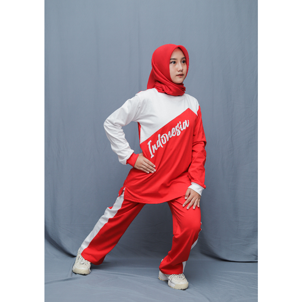 HOT DEALS SETELAN BAJU OLAHRAGA SENAM WANITA ONE SET SPORT MERAH PUTIH