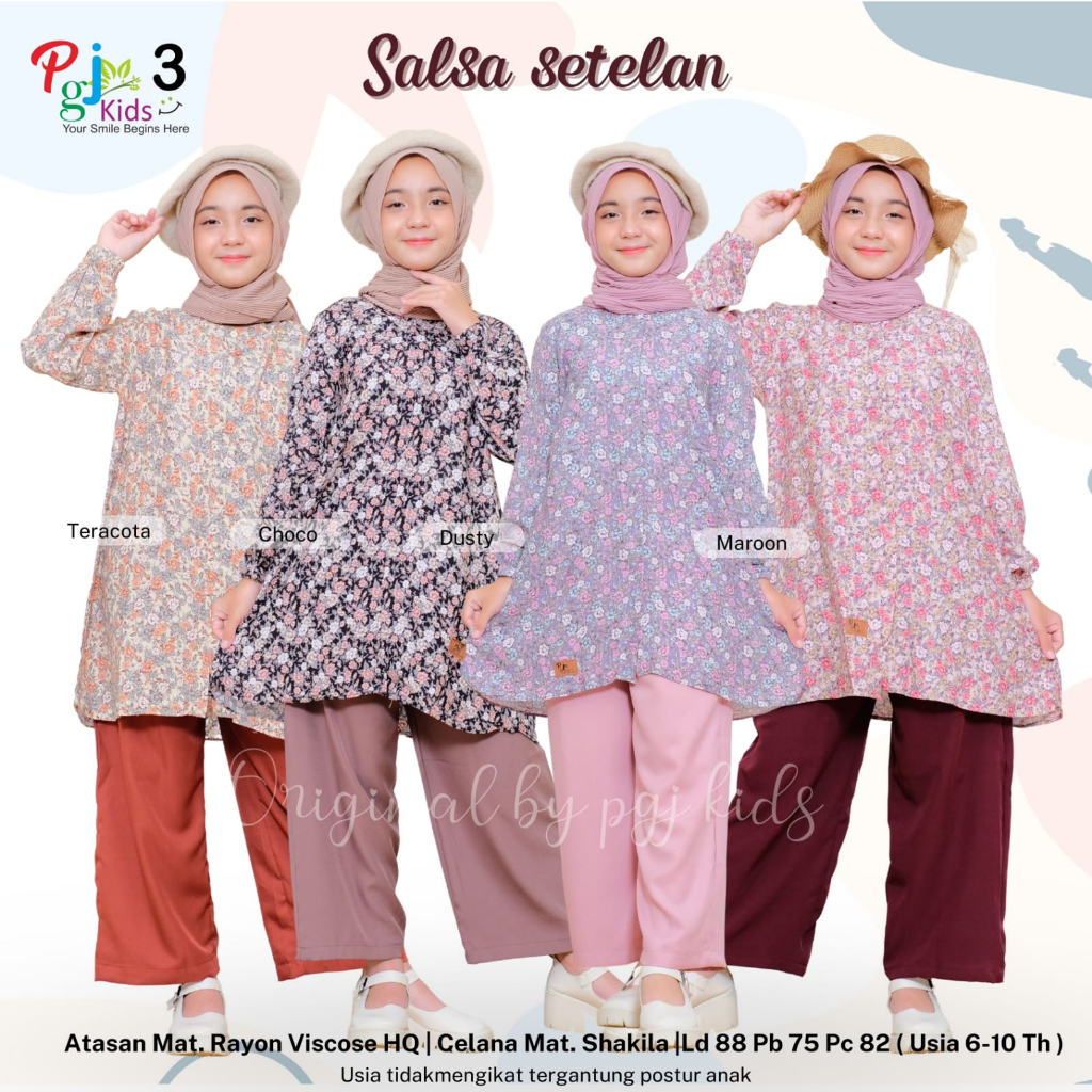 SALSA SET ORIGINAL BY PGJ SETELAN BAJU ANAK PEREMPUAN TUNIK MOTIF BUNGA DAN CELANA KULOT POLOS ONESE