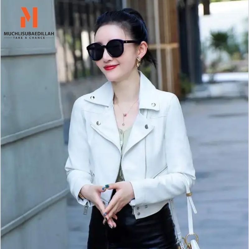 Jaket Kulit Wanita Crop White Korean