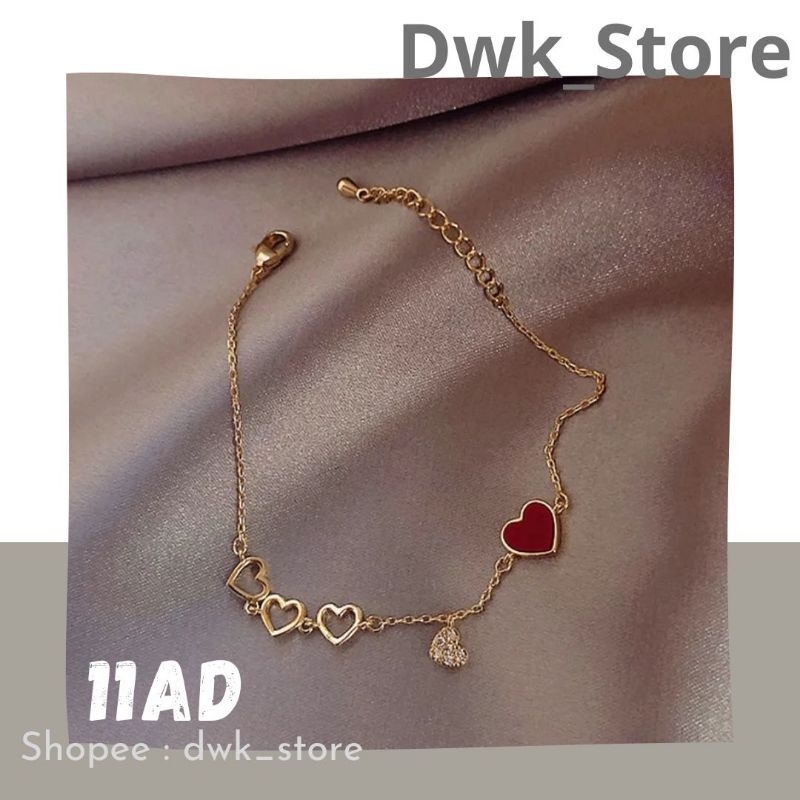 Gelang Emas Bandul Hati Merah dan Hati Putih Wanita / Gelang Rantai Emas Hati / Love / Heart Wanita 