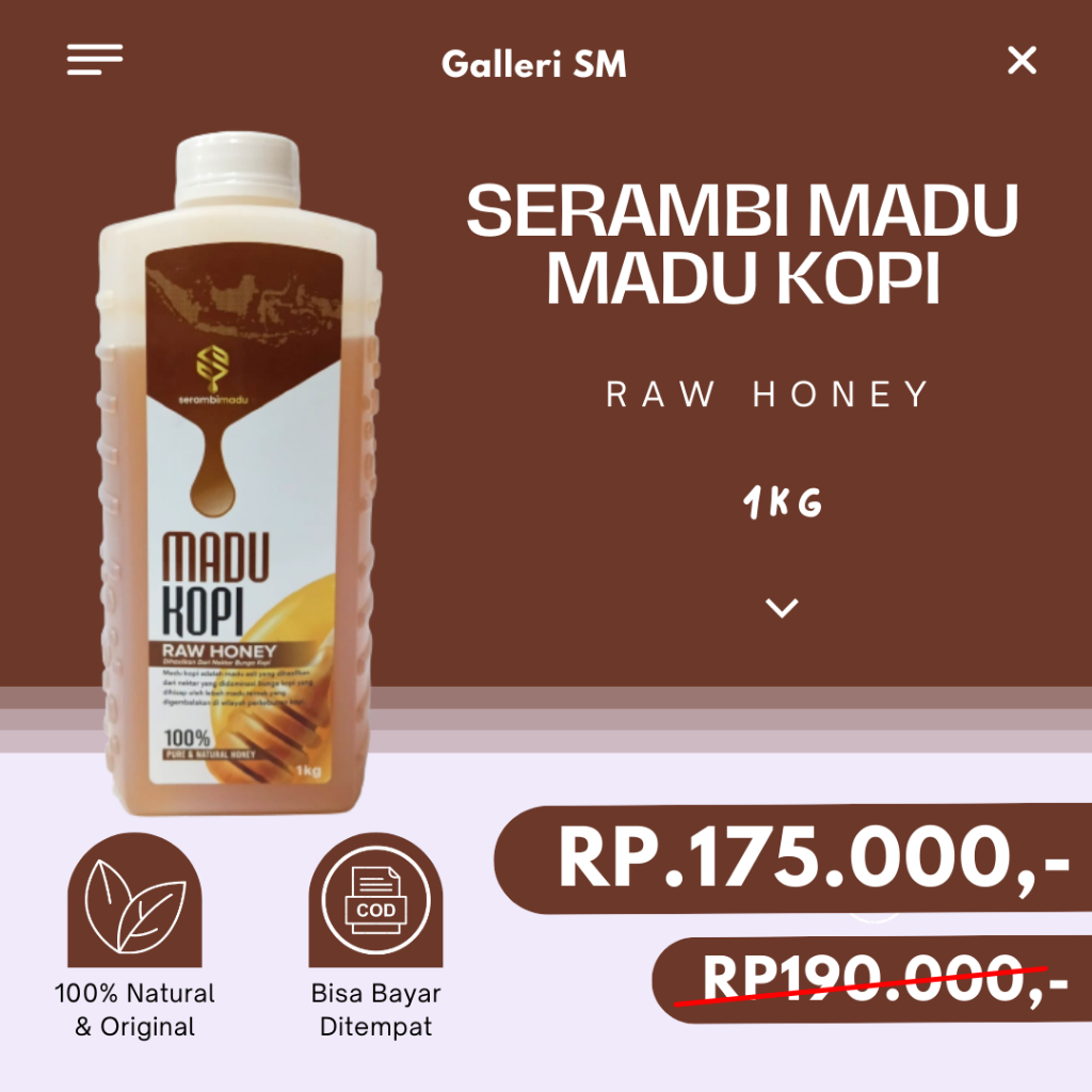 

Serambi Madu Kopi 1kg Raw Honey Dihasilkan Dari Nektar Bunga Kopi Pure & Natural Honey Madu Murni Asli