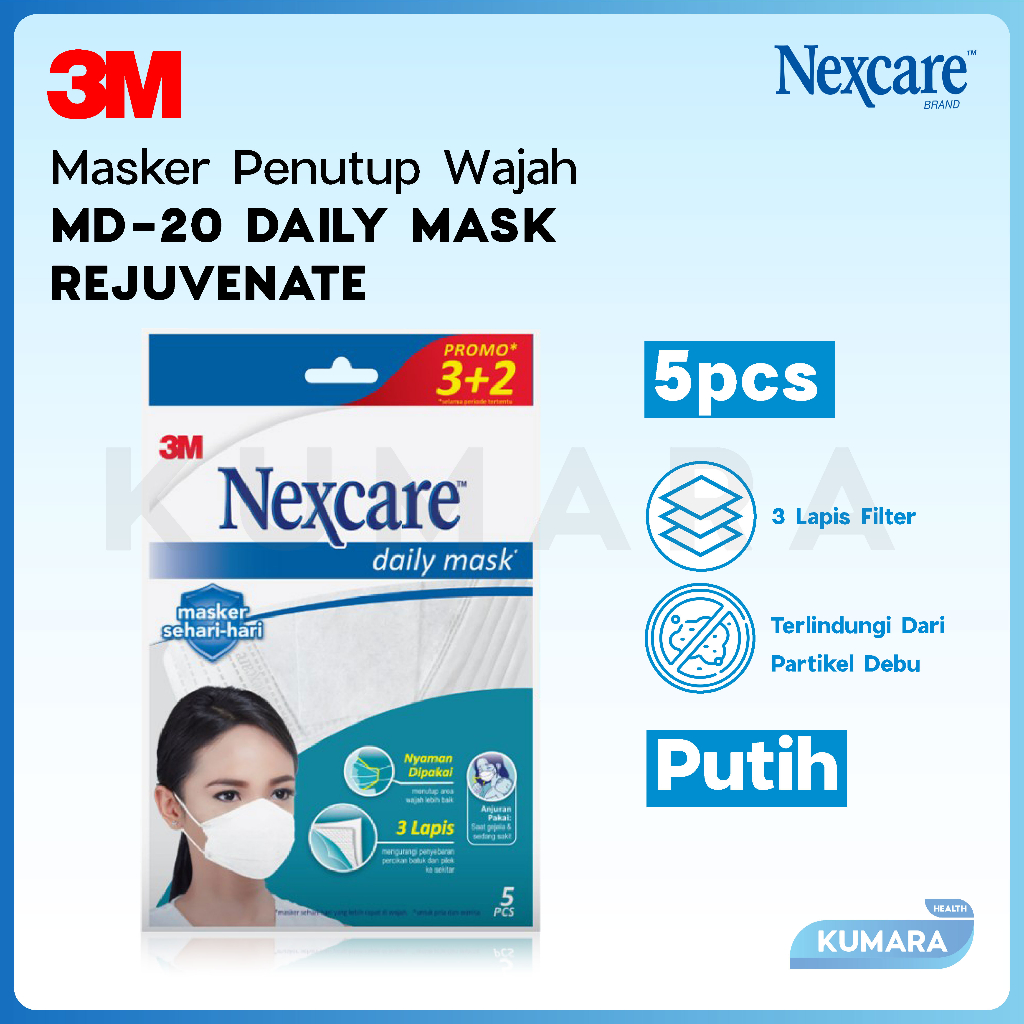 3M - Masker Nexcare Earloop Daily Mask MD-20 3 Ply Putih Rejuvenate Pack isi 5's