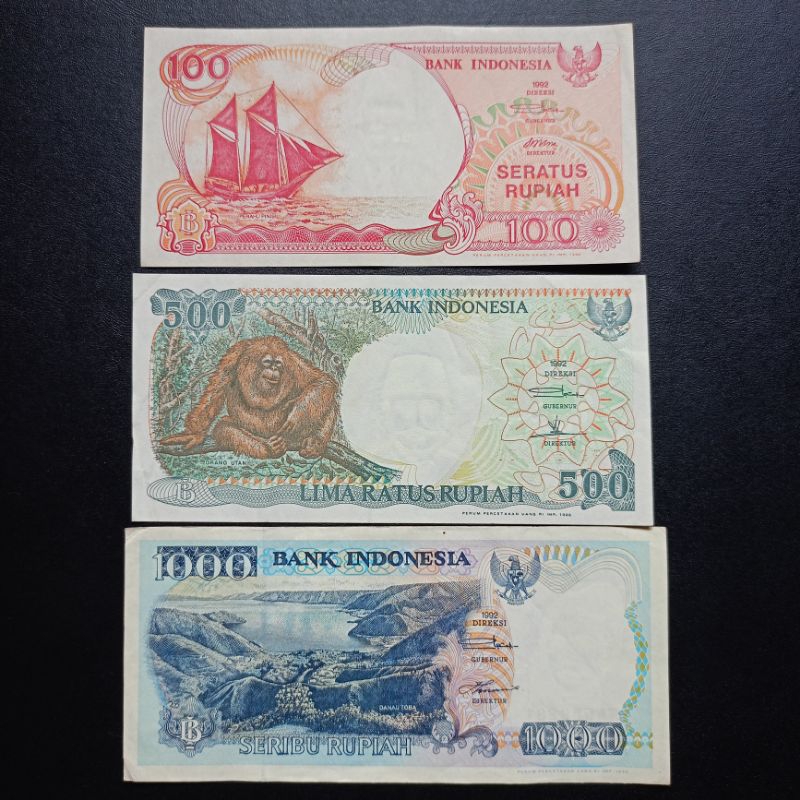 Nostalgia Koleksi Uang Kertas Kuno Indonesia Rp 100 500 1000 Rupiah tahun 1992 Perahu Layar Pinisi M