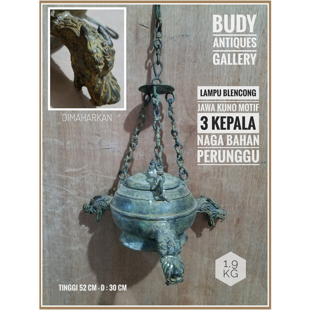 Lampu Blencong Perunggu Jawa Kuno Motif Tiga Naga