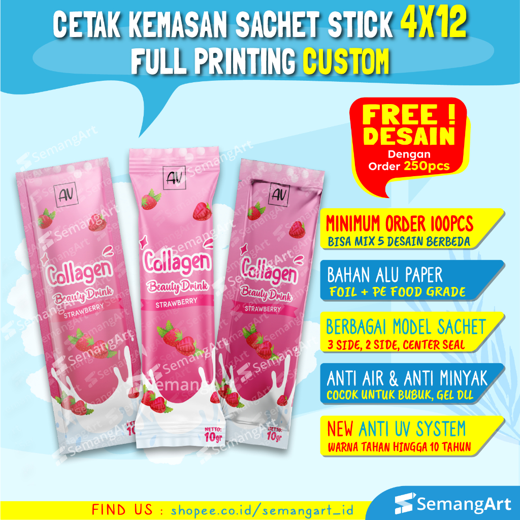 

Cetak Sachet Stick 4x12 Kemasan Minuman Serbuk Collagen / Makanan Full Printing Desain Custom